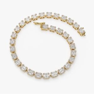 Solid 14k Yellow Gold Baguette Round Diamond Illusion Tennis Bracelet